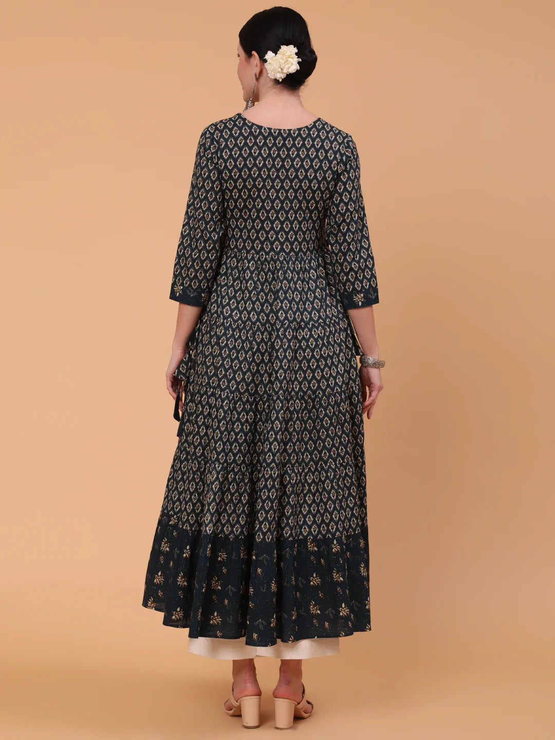 Cotton Calf Length Printed Flared 3/4 Sleeve Round Neck Kurta