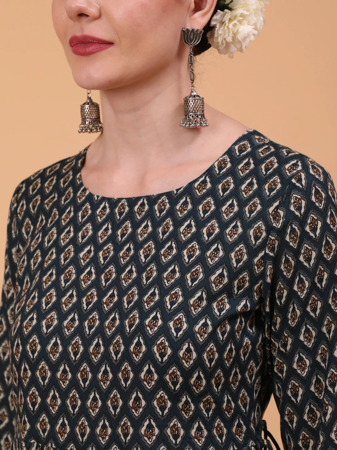 Cotton Calf Length Printed Flared 3/4 Sleeve Round Neck Kurta