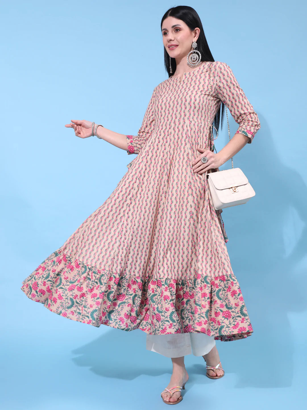 Cotton Calf Length Printed Flared 3/4 Sleeve Round Neck Kurta