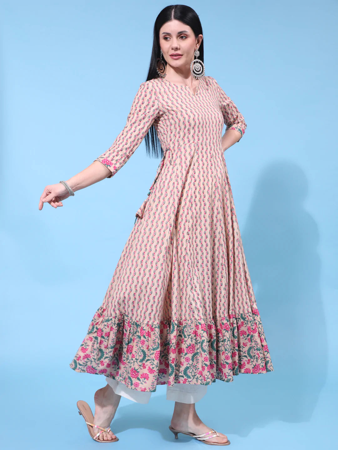 Cotton Calf Length Printed Flared 3/4 Sleeve Round Neck Kurta
