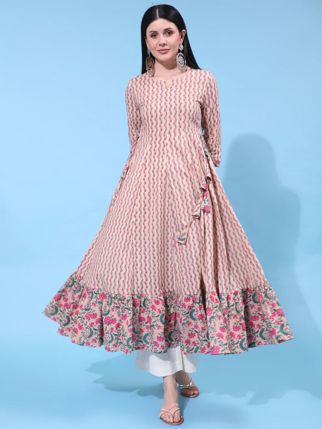 Cotton Calf Length Printed Flared 3/4 Sleeve Round Neck Kurta