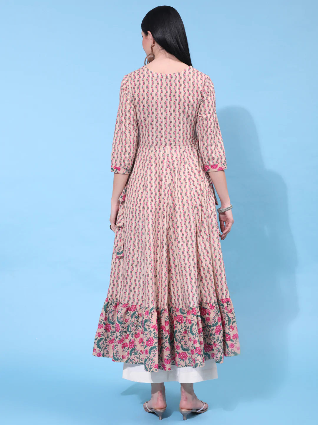 Cotton Calf Length Printed Flared 3/4 Sleeve Round Neck Kurta