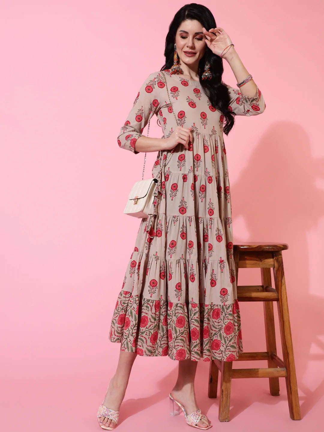 Cotton Calf Length Flared 3/4 Sleeve Printed Round Neck Kurta
