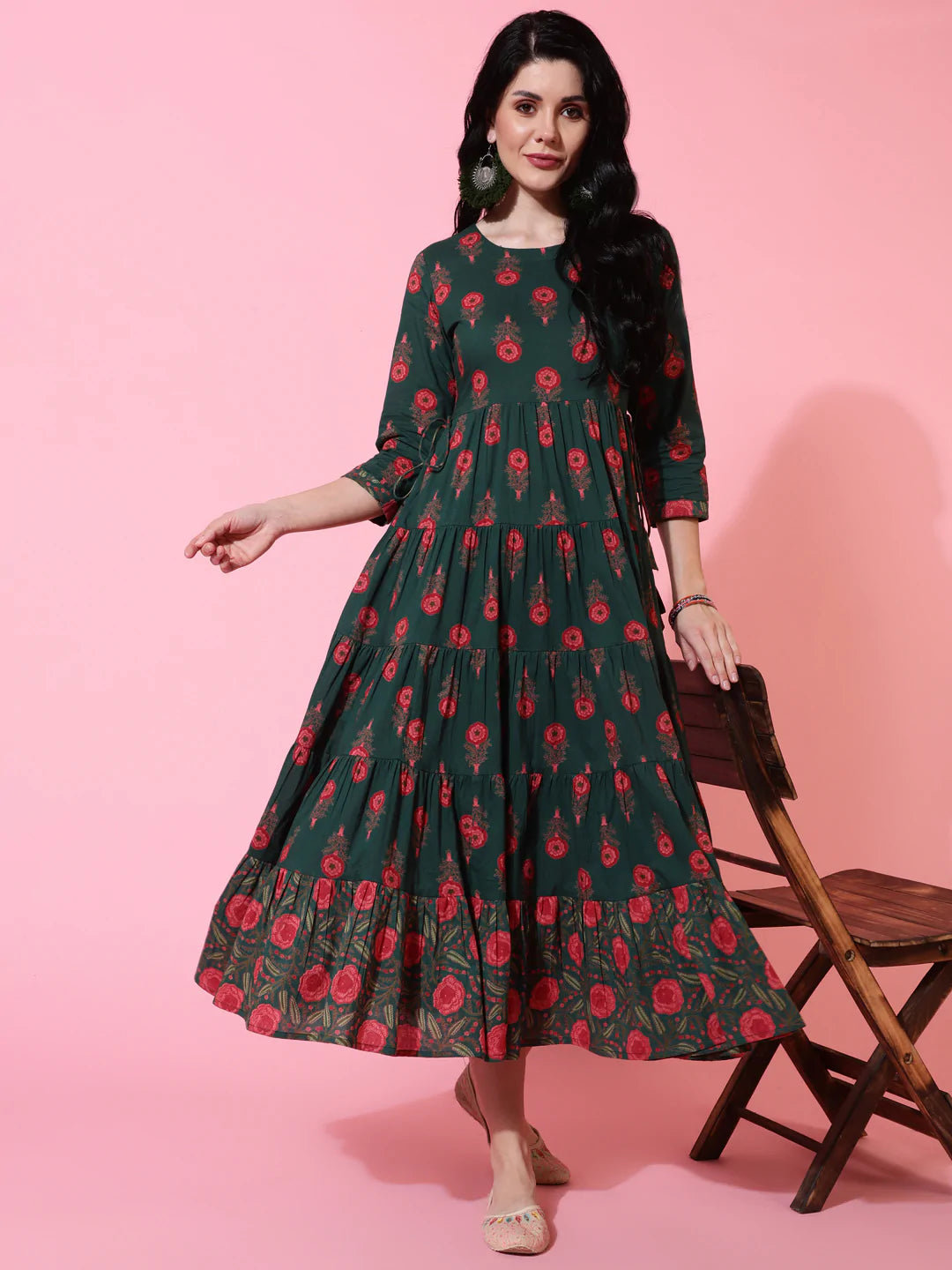 Cotton Calf Length Flared 3/4 Sleeve Printed Round Neck Kurta