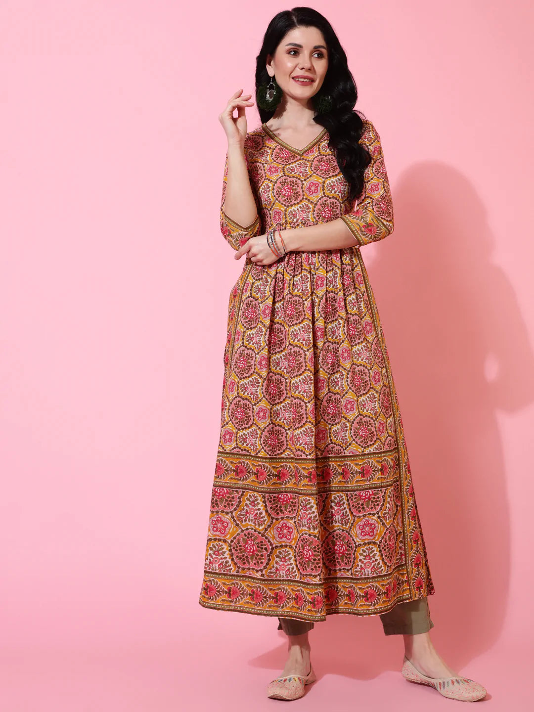 Cotton Calf Length Semi Flared 3/4 Sleeve Printed V-Neck Kurta