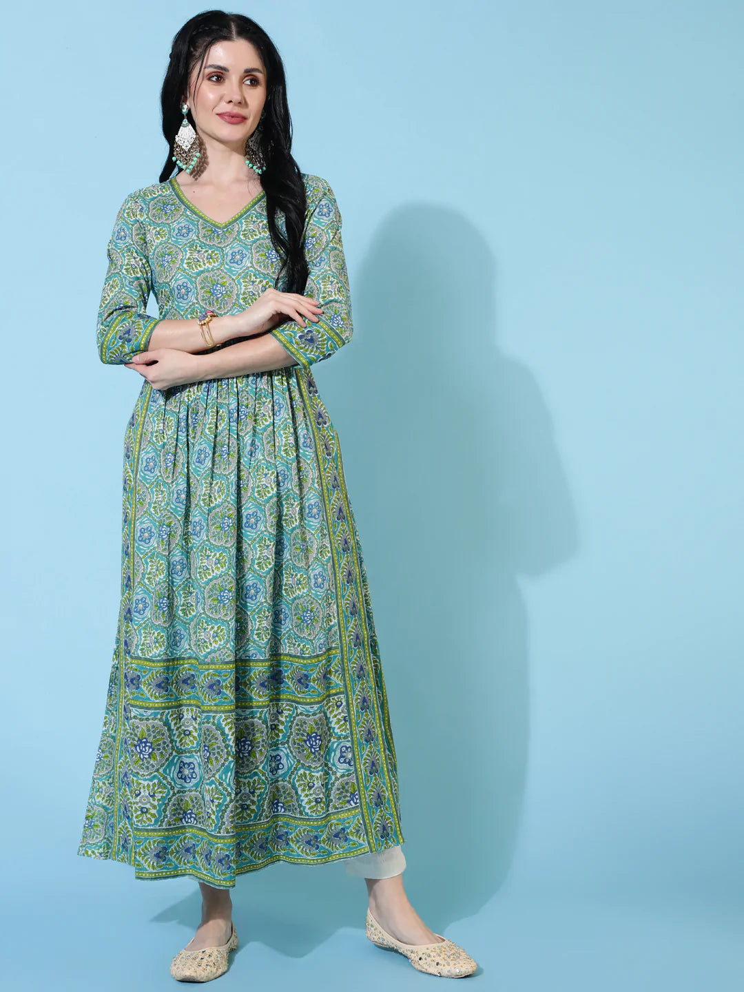 Cotton Calf Length Semi Flared 3/4 Sleeve Printed V-Neck Kurta