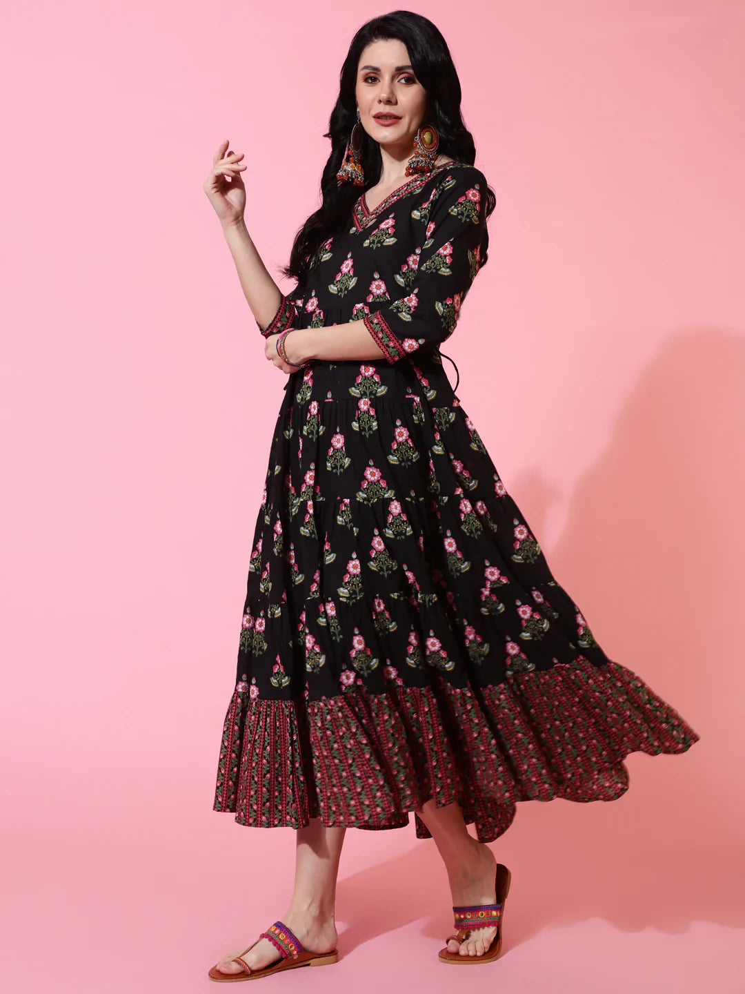 Cotton Calf Length Flared 3/4 Sleeve Printed V-Neck Kurta