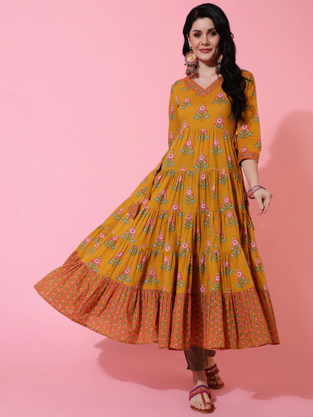 Cotton Calf Length Flared 3/4 Sleeve Printed V-Neck Kurta