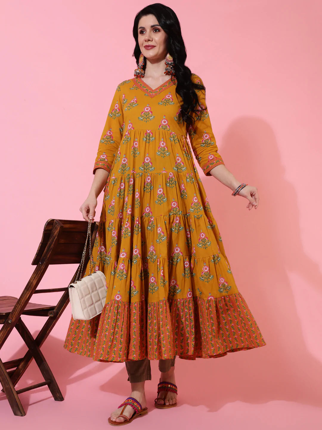 Cotton Calf Length Flared 3/4 Sleeve Printed V-Neck Kurta