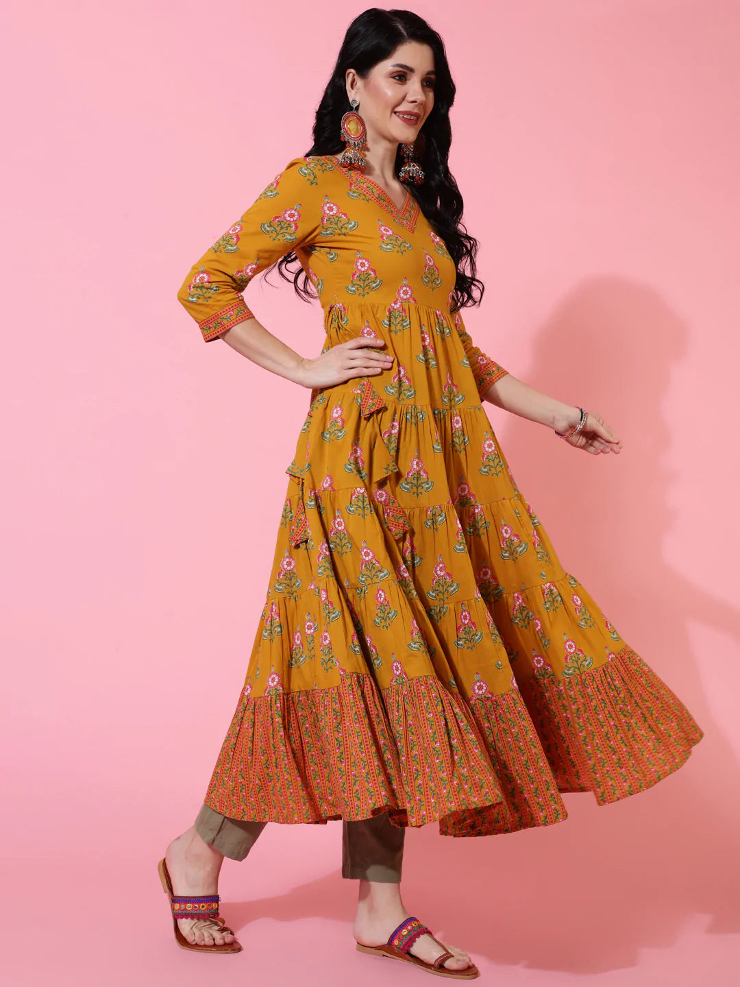 Cotton Calf Length Flared 3/4 Sleeve Printed V-Neck Kurta