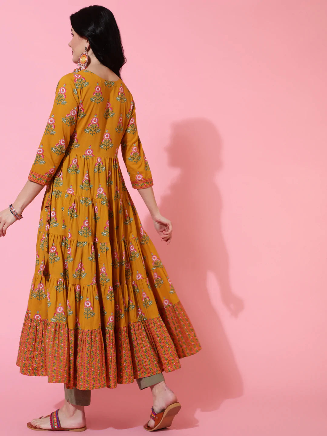 Cotton Calf Length Flared 3/4 Sleeve Printed V-Neck Kurta