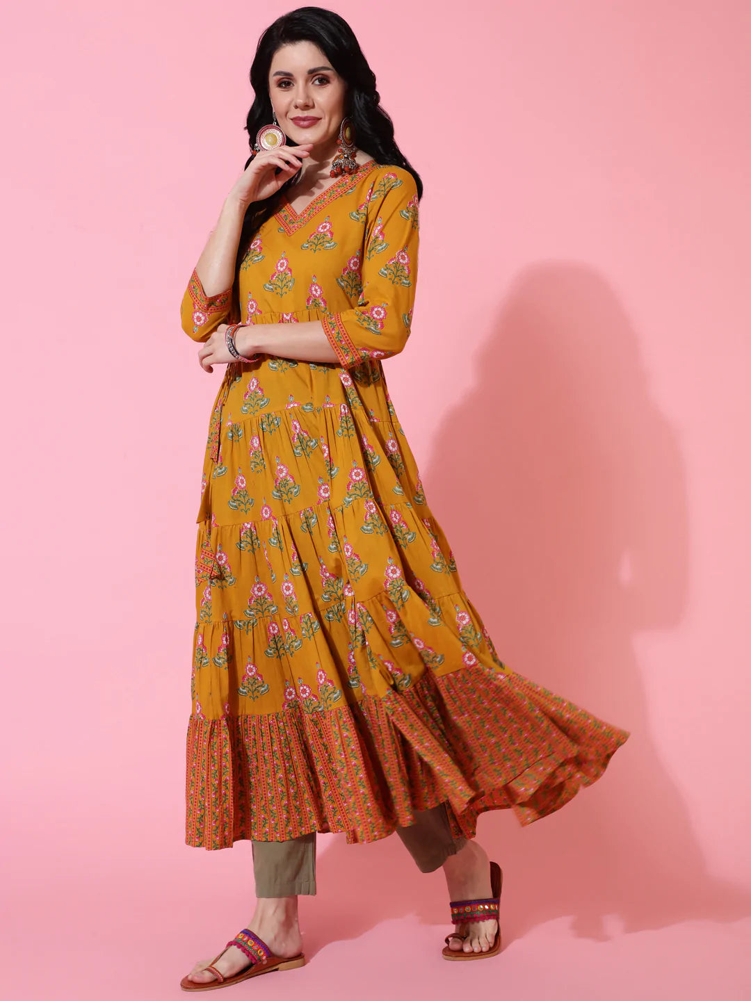 Cotton Calf Length Flared 3/4 Sleeve Printed V-Neck Kurta