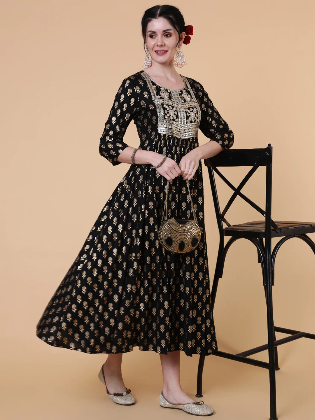 Rayon Calf Length Flared 3/4 Sleeve Printed Round Neck Kurta