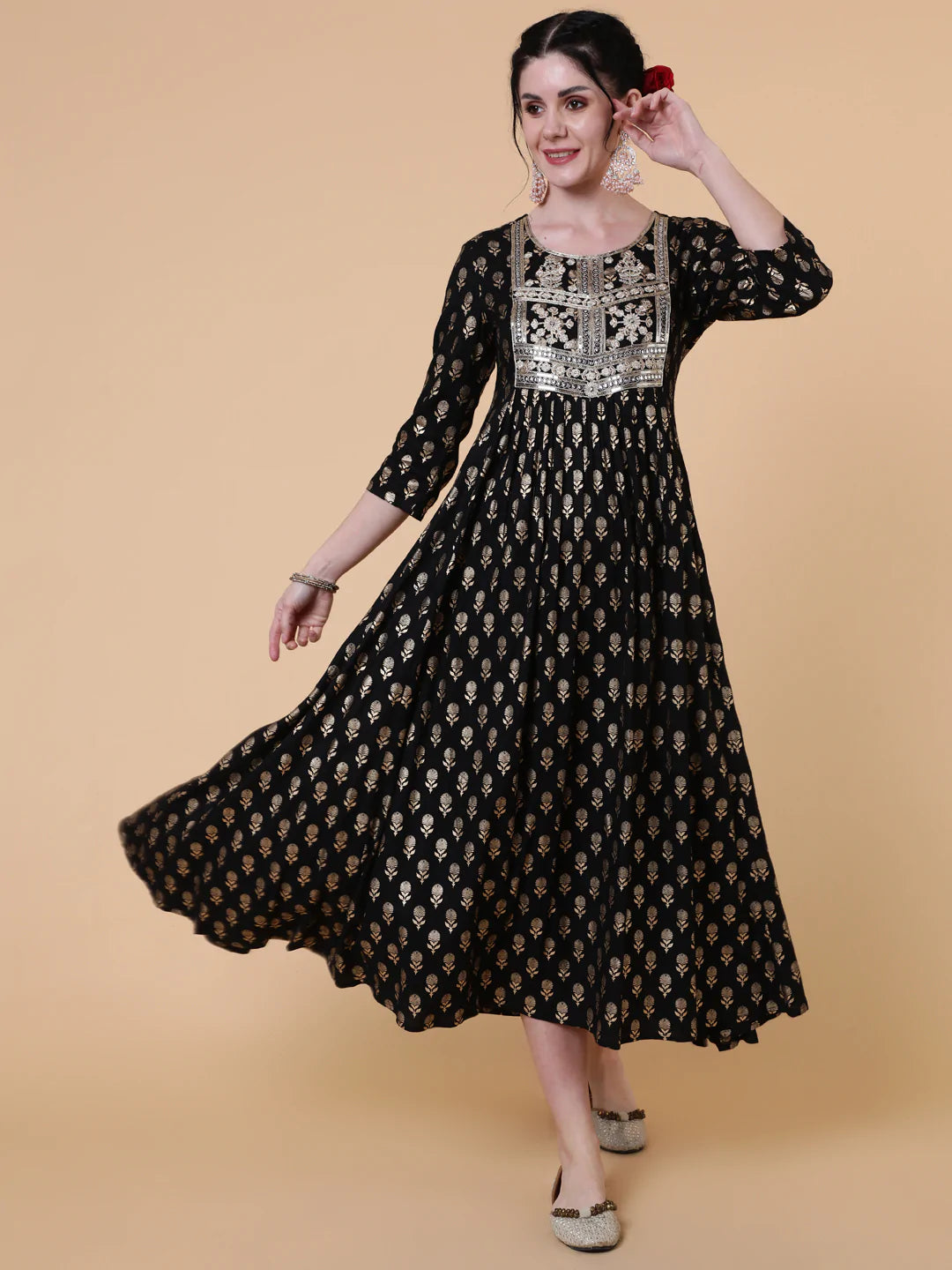 Rayon Calf Length Flared 3/4 Sleeve Printed Round Neck Kurta