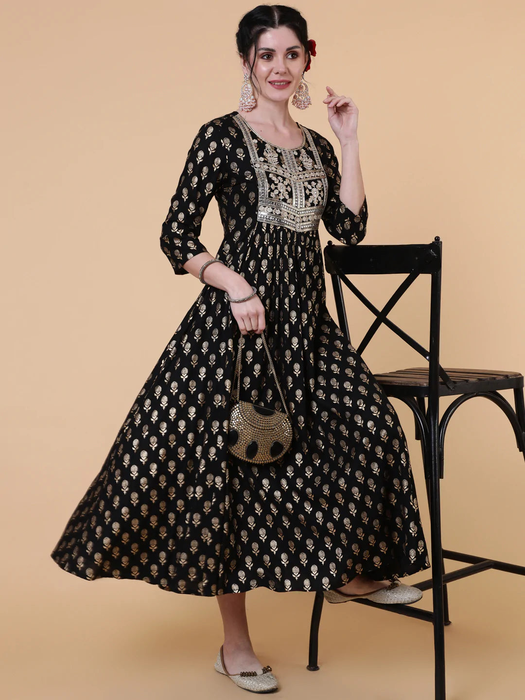 Rayon Calf Length Flared 3/4 Sleeve Printed Round Neck Kurta