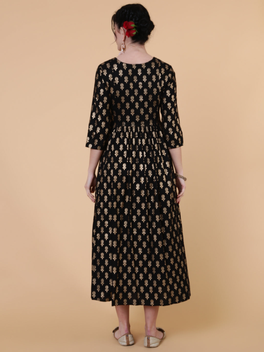 Rayon Calf Length Flared 3/4 Sleeve Printed Round Neck Kurta