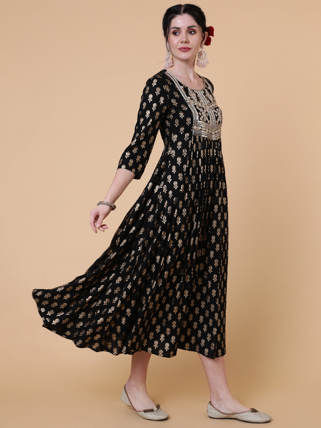 Rayon Calf Length Flared 3/4 Sleeve Printed Round Neck Kurta