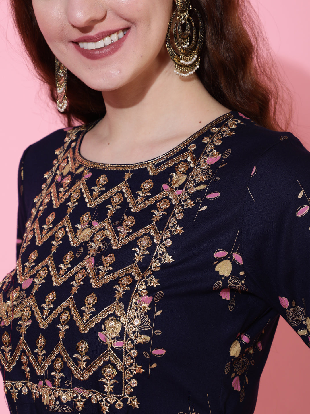 Rayon Printed Ankle Length Flared 3/4 Sleeve Round Kurta