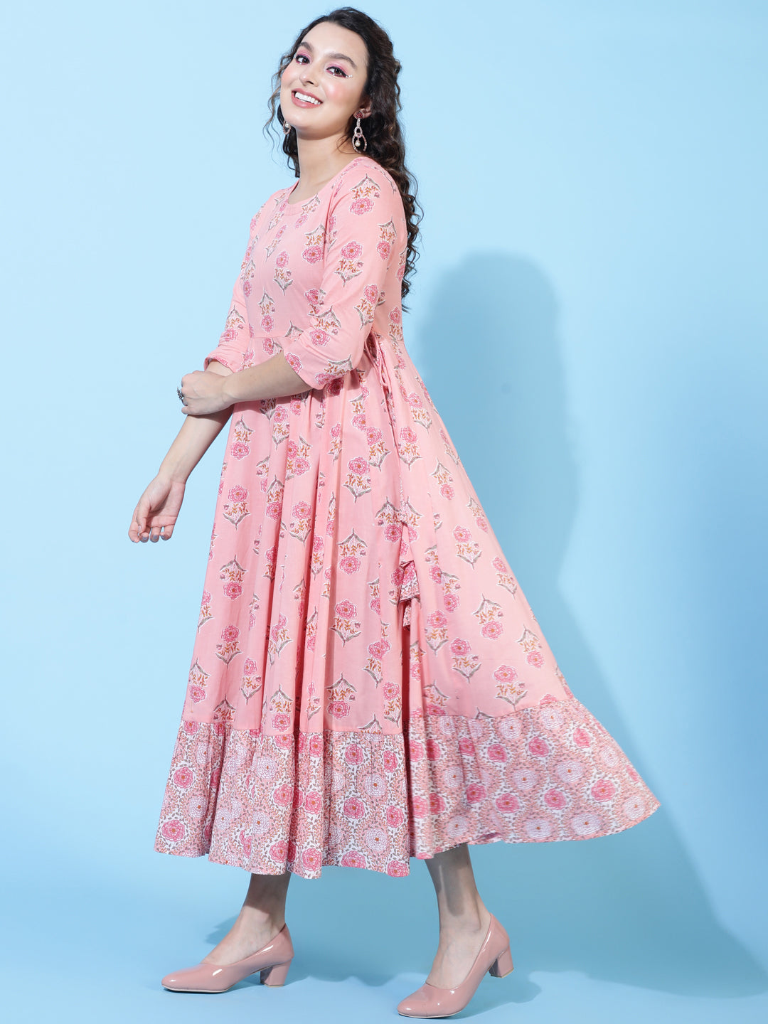 Cotton Calf Printed Flared 3/4 Sleeve Round Kurta