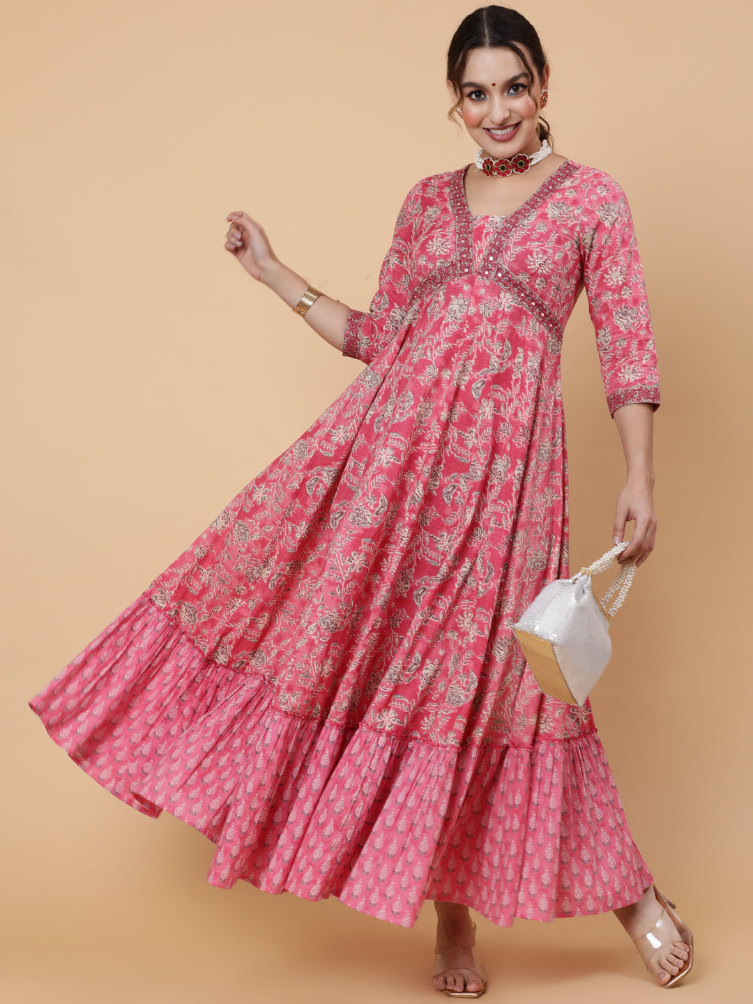 Cotton Ankle Printed Flared 3/4 Sleeve V Kurta