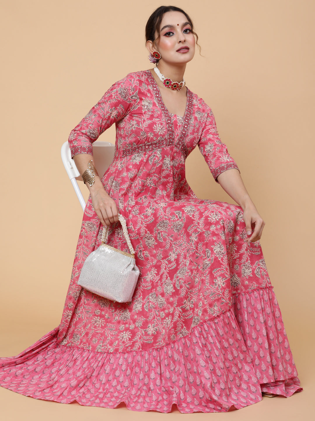 Cotton Ankle Printed Flared 3/4 Sleeve V Kurta