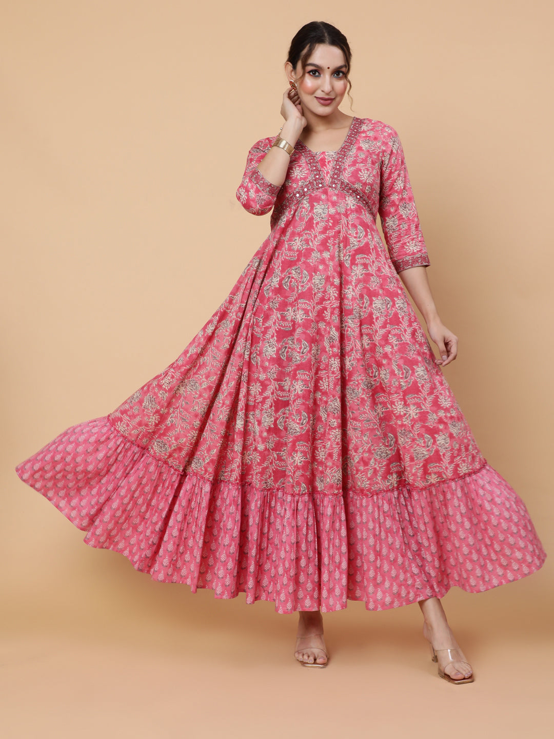 Cotton Ankle Printed Flared 3/4 Sleeve V Kurta