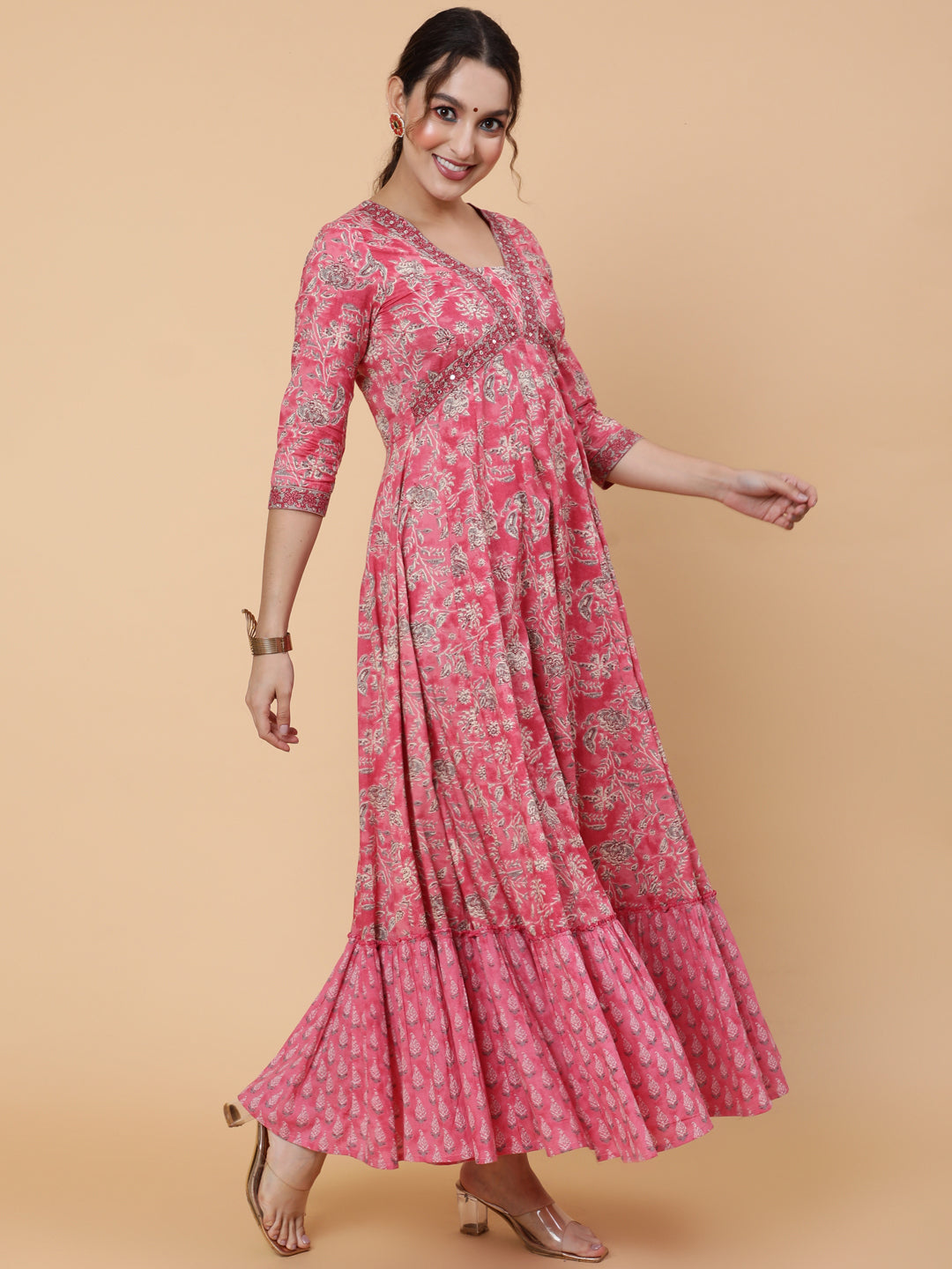 Cotton Ankle Printed Flared 3/4 Sleeve V Kurta