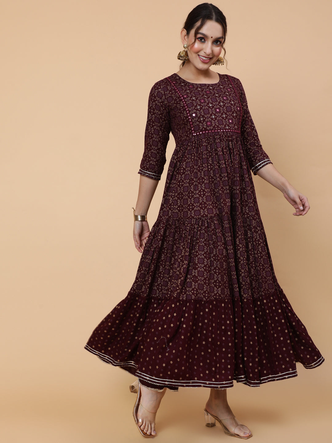 Rayon Ankle Printed Flared 3/4 Sleeve Round Kurta