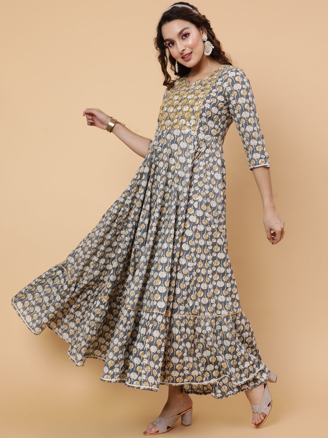 Cotton Ankle Printed Flared 3/4 Sleeve Round Kurta