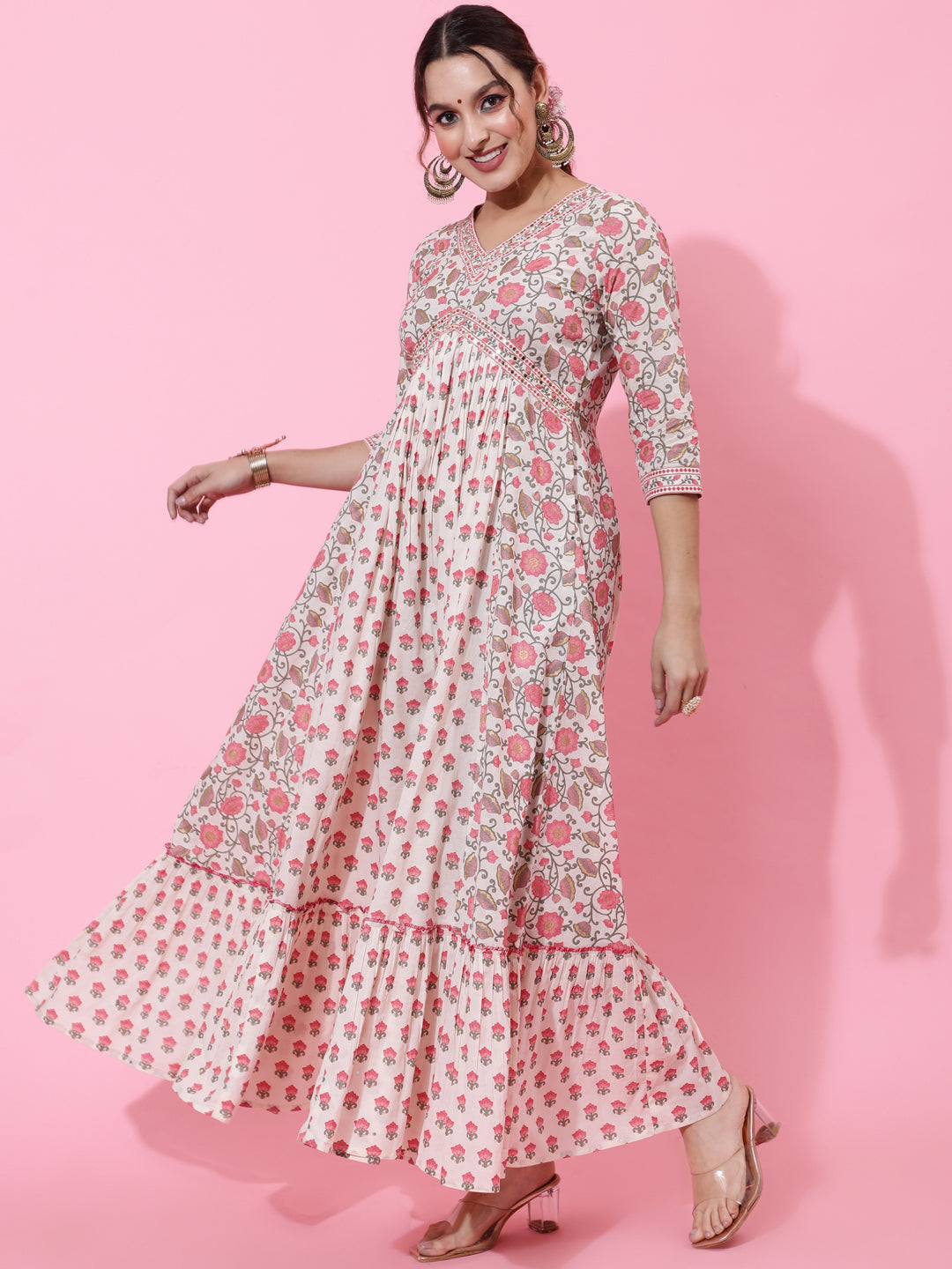 Cotton Ankle Printed Flared 3/4 Sleeve V Kurta