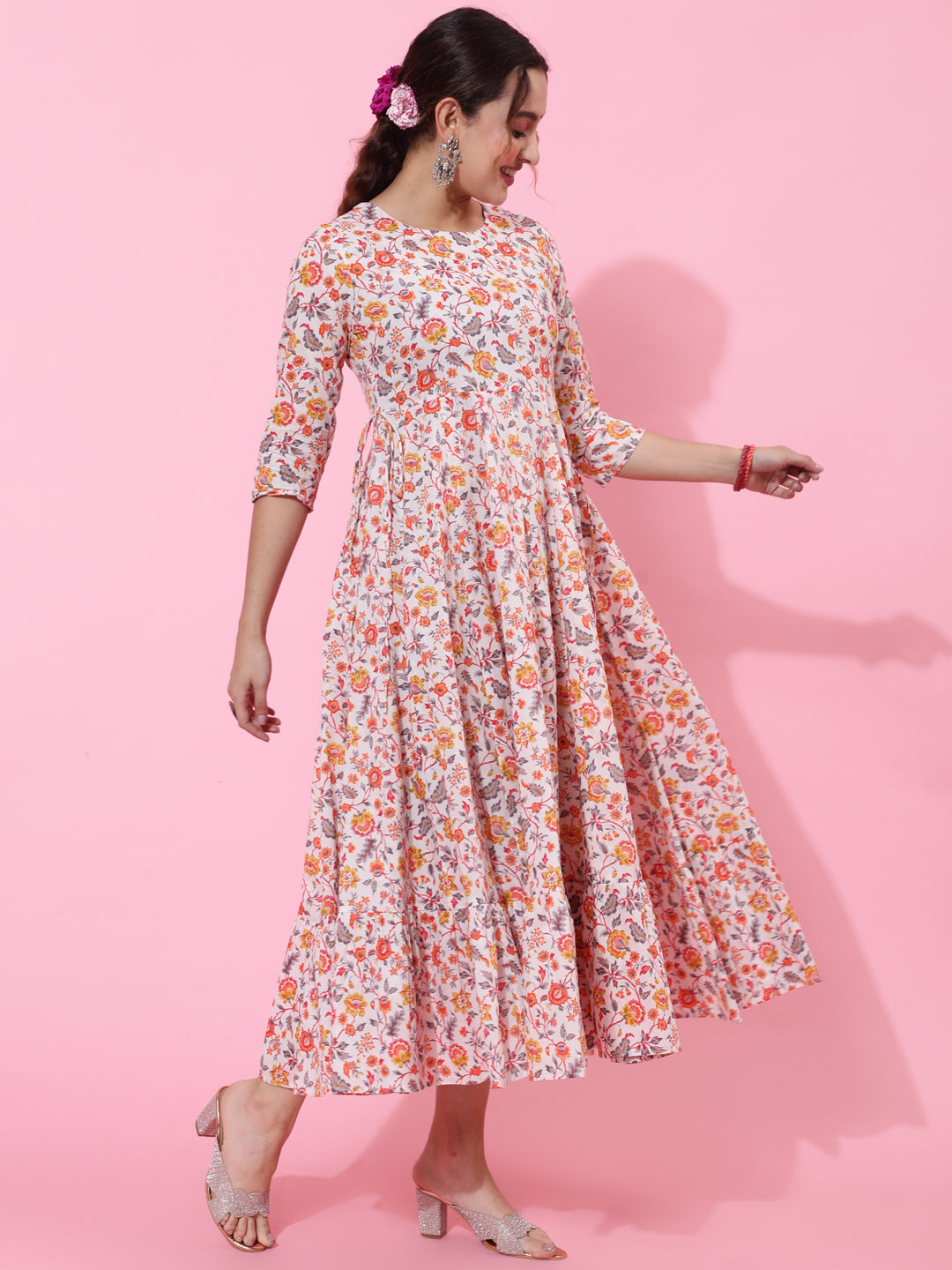 Cotton Calf Printed Flared 3/4 Sleeve Round Kurta