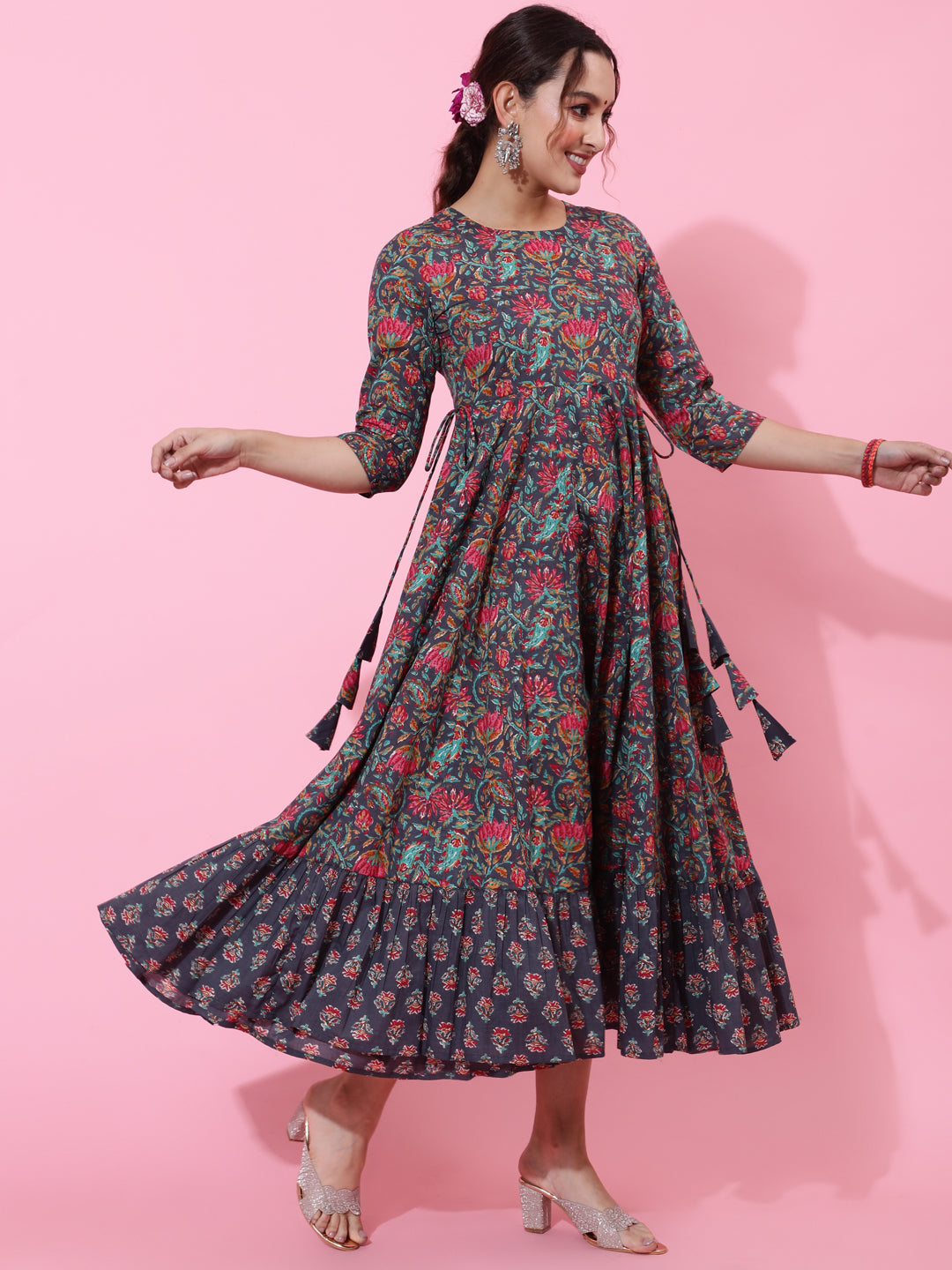 Cotton Calf Printed Flared 3/4 Sleeve Round Kurta