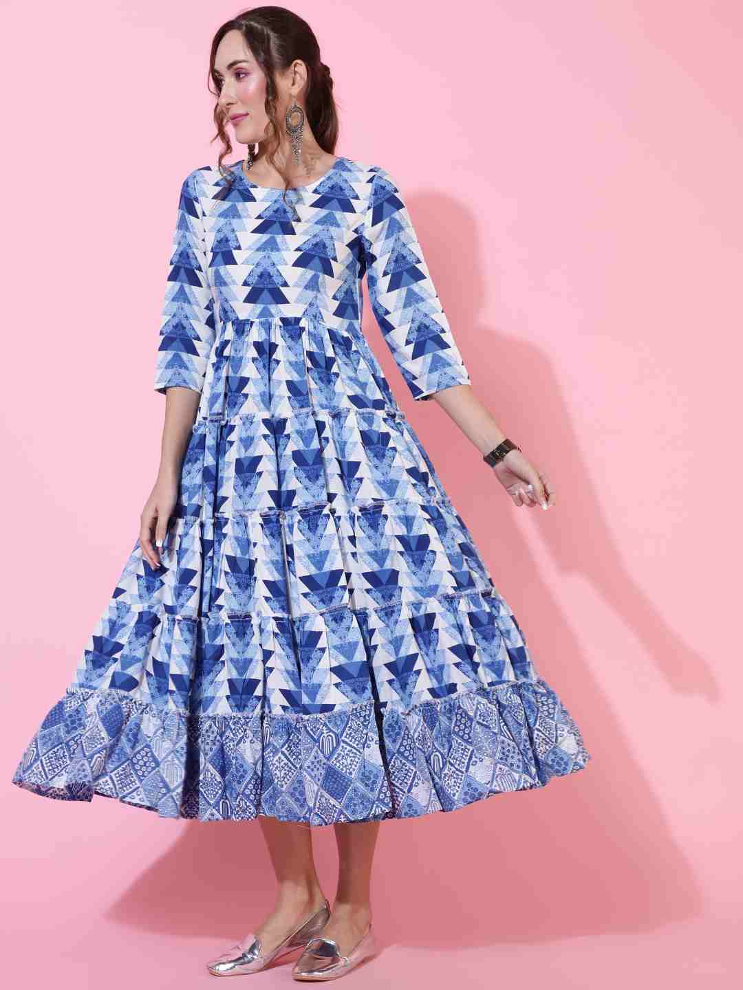 Rayon Calf Length Printed Flared 3/4 sleeves Round Kurta