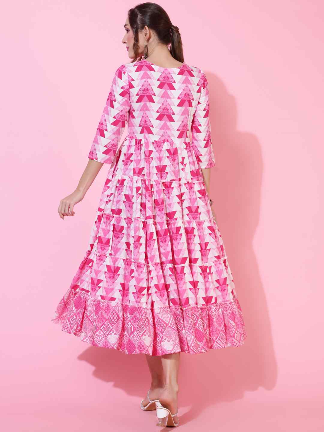 Rayon Calf Length Printed Flared 3/4 sleeves Round Kurta