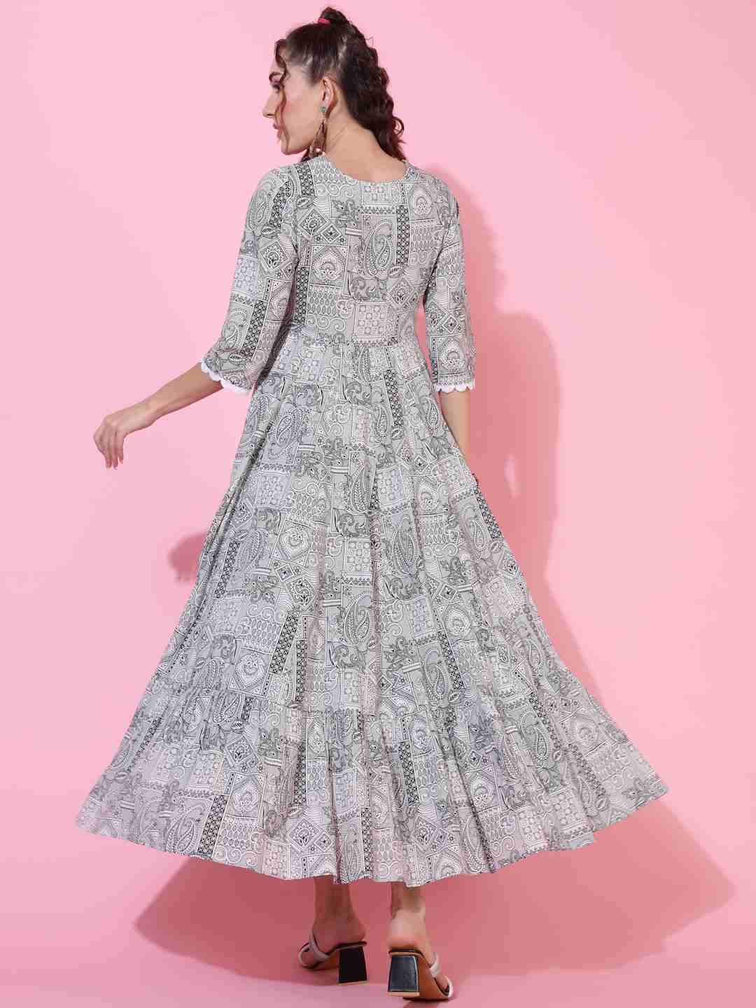 Cotton Ankle Length Printed Flared 3/4 sleeves V neck Kurta