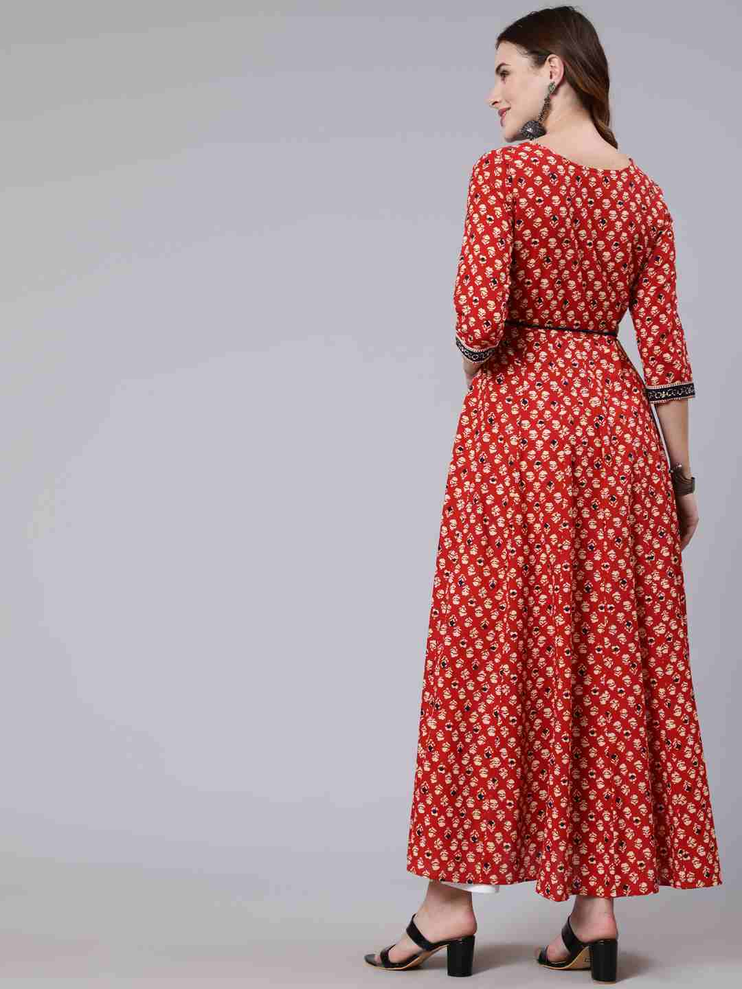 Cotton Ankle Length Printed Flared 3/4 Sleeve V Neck Angrakha