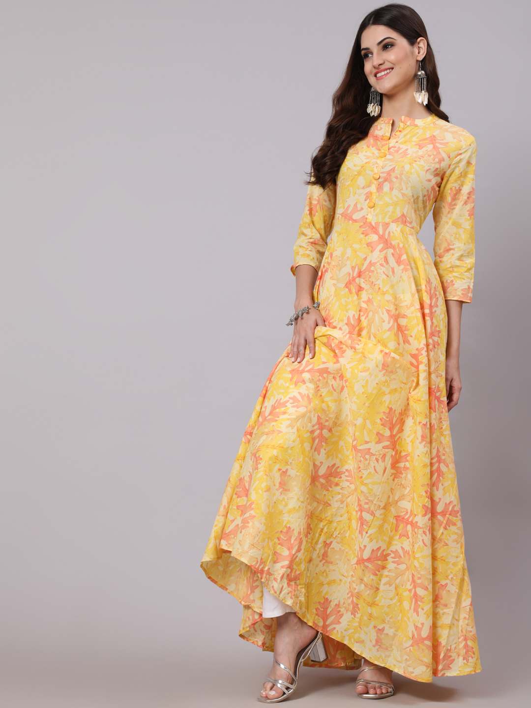 Cotton Full Length Printed Flared 3/4 Sleeve Collar Neck Kurta