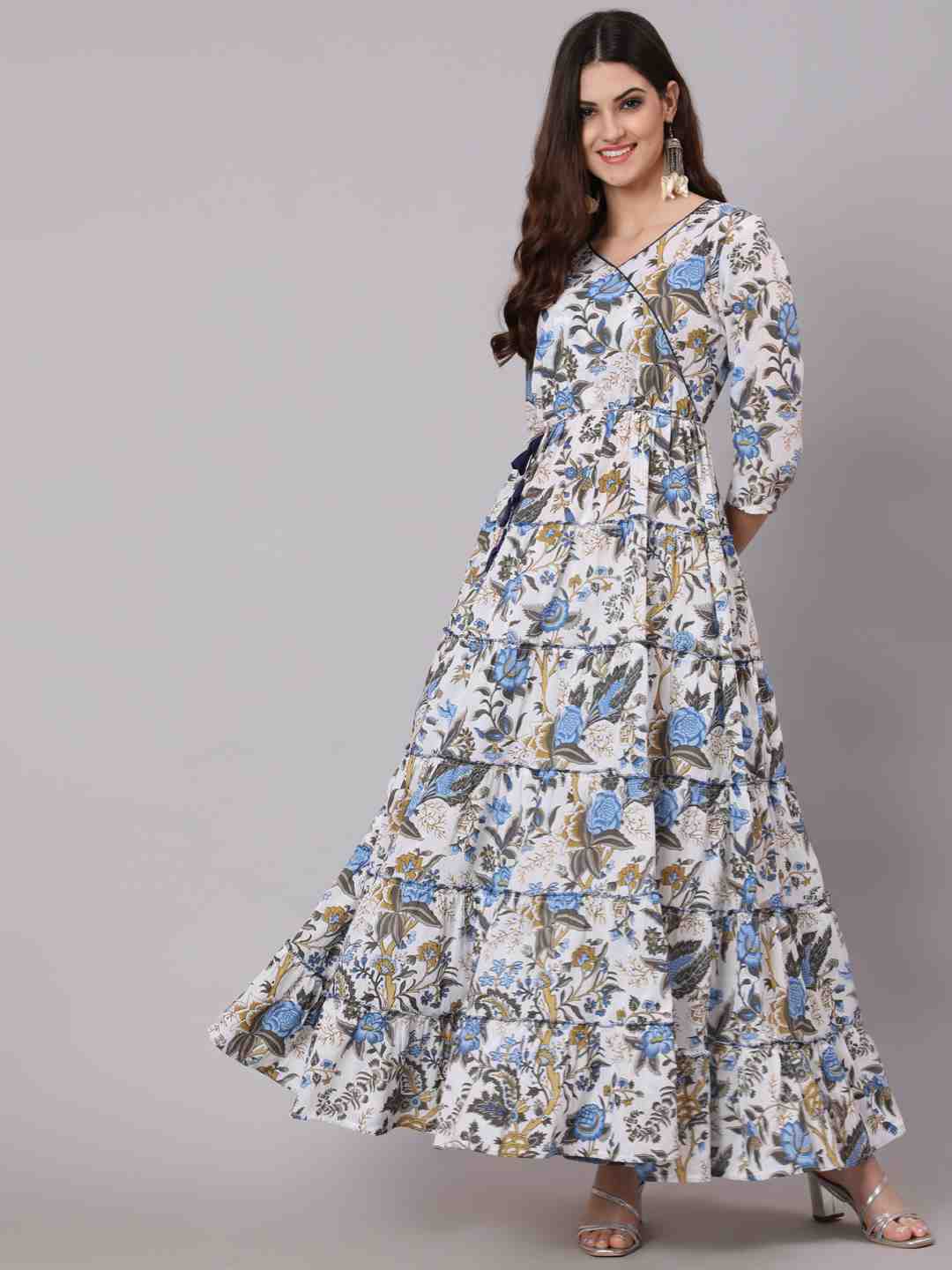 Cotton Full Length Printed Flared 3/4 Sleeve V Neck Neck Kurta