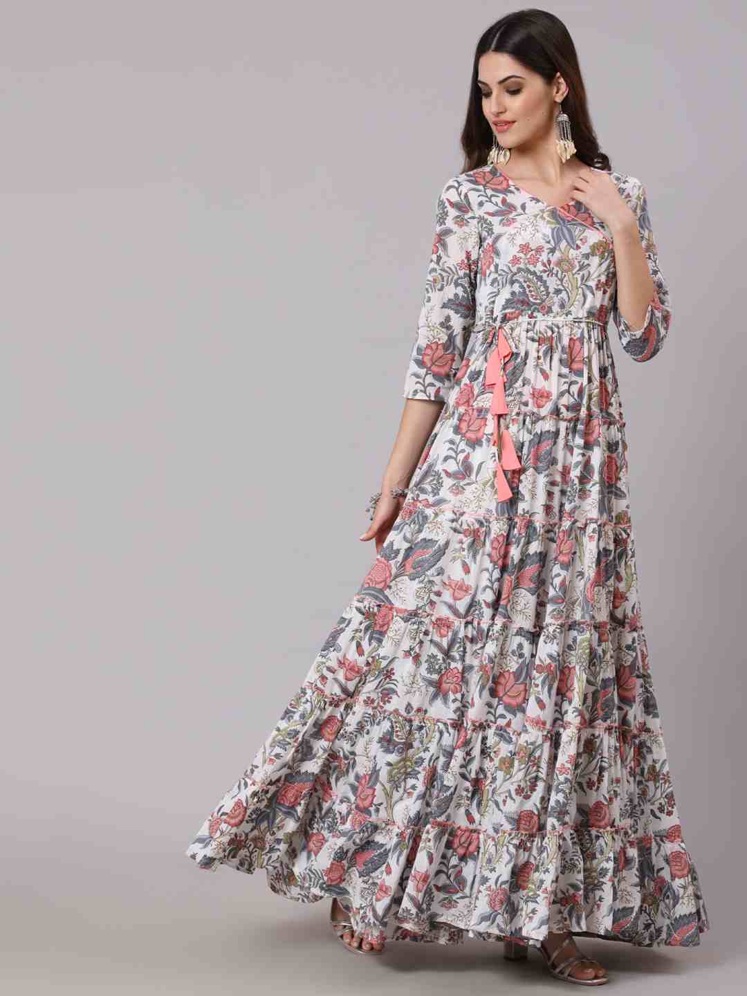 Cotton Full Length Printed Flared 3/4 Sleeve V Neck Neck Kurta