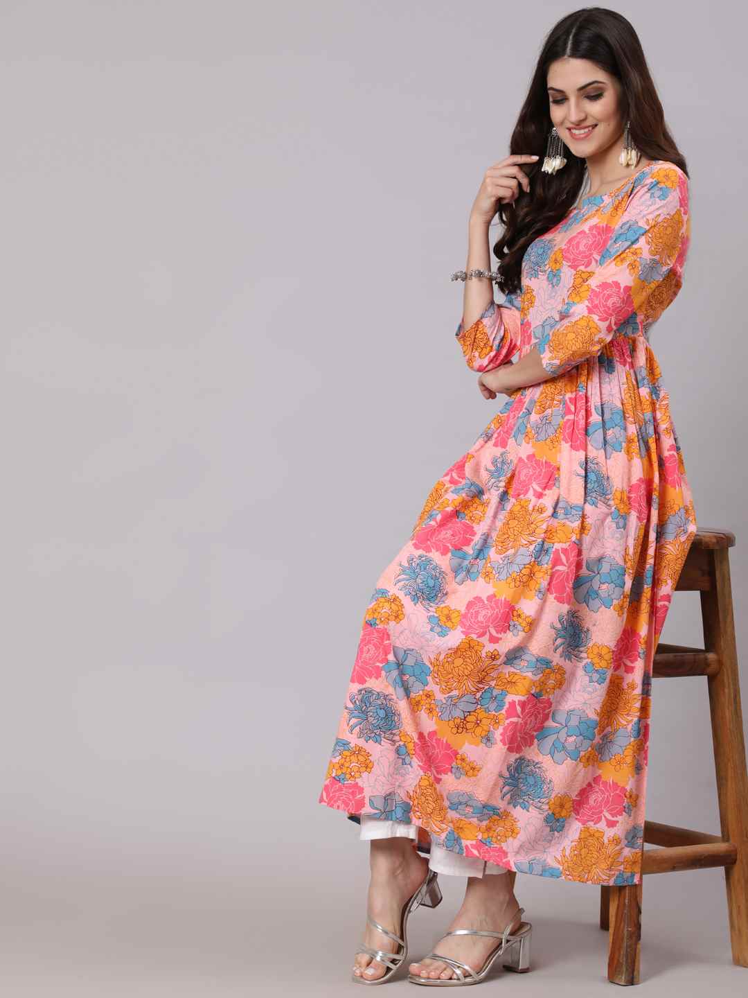 Rayon Calf Length Printed Semi Flared 3/4 Sleeve Round Neck Kurta