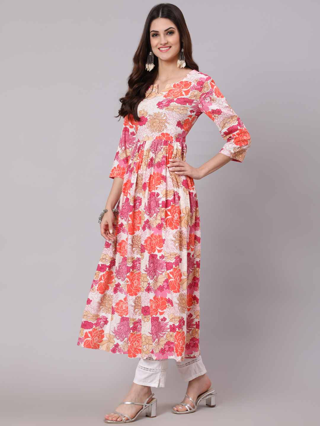 Rayon Calf Length Printed Semi Flared 3/4 Sleeve Round Neck Kurta
