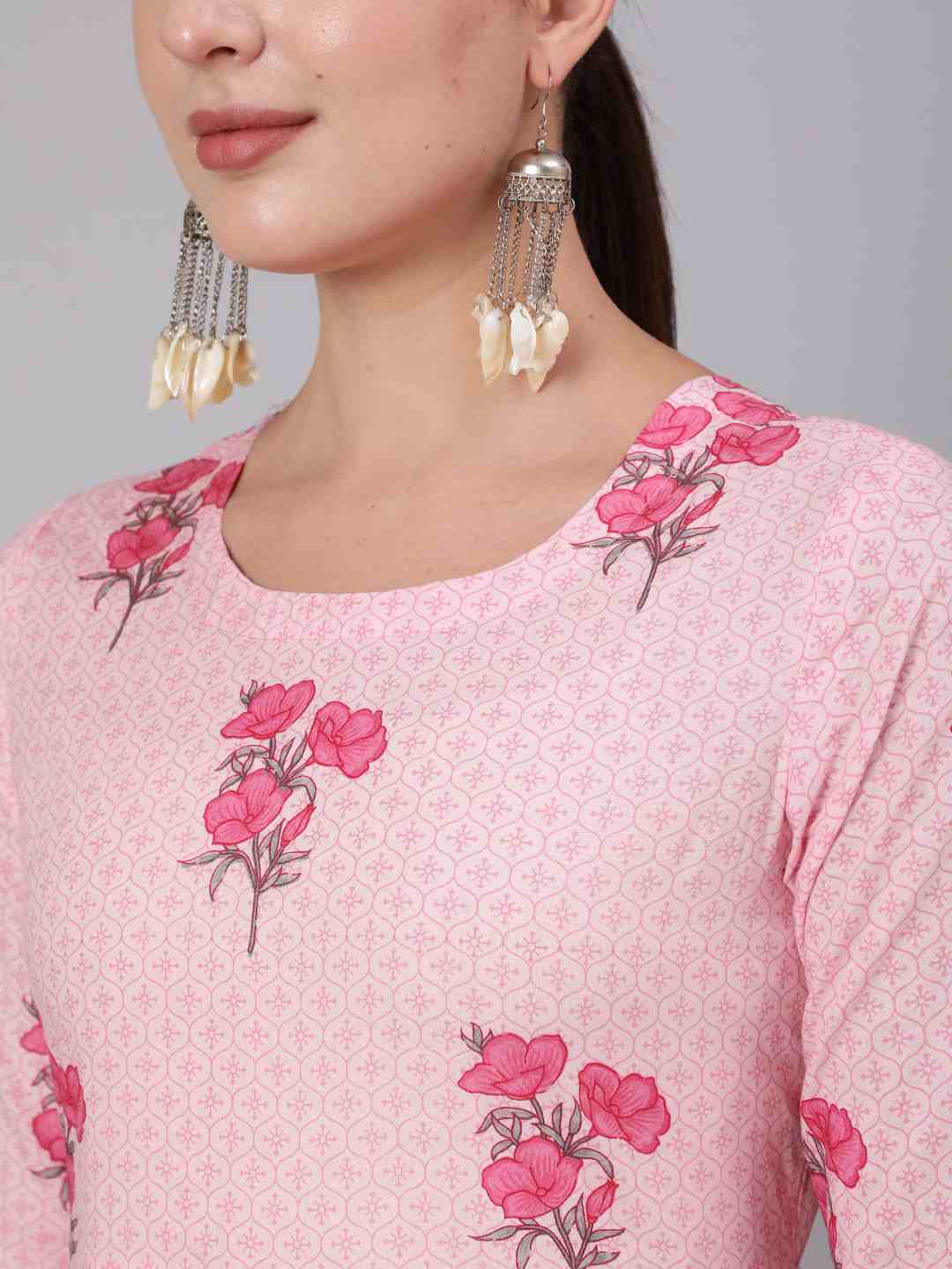 Cotton Ankle Length Printed Flared 3/4 Sleeve Round Neck Kurta