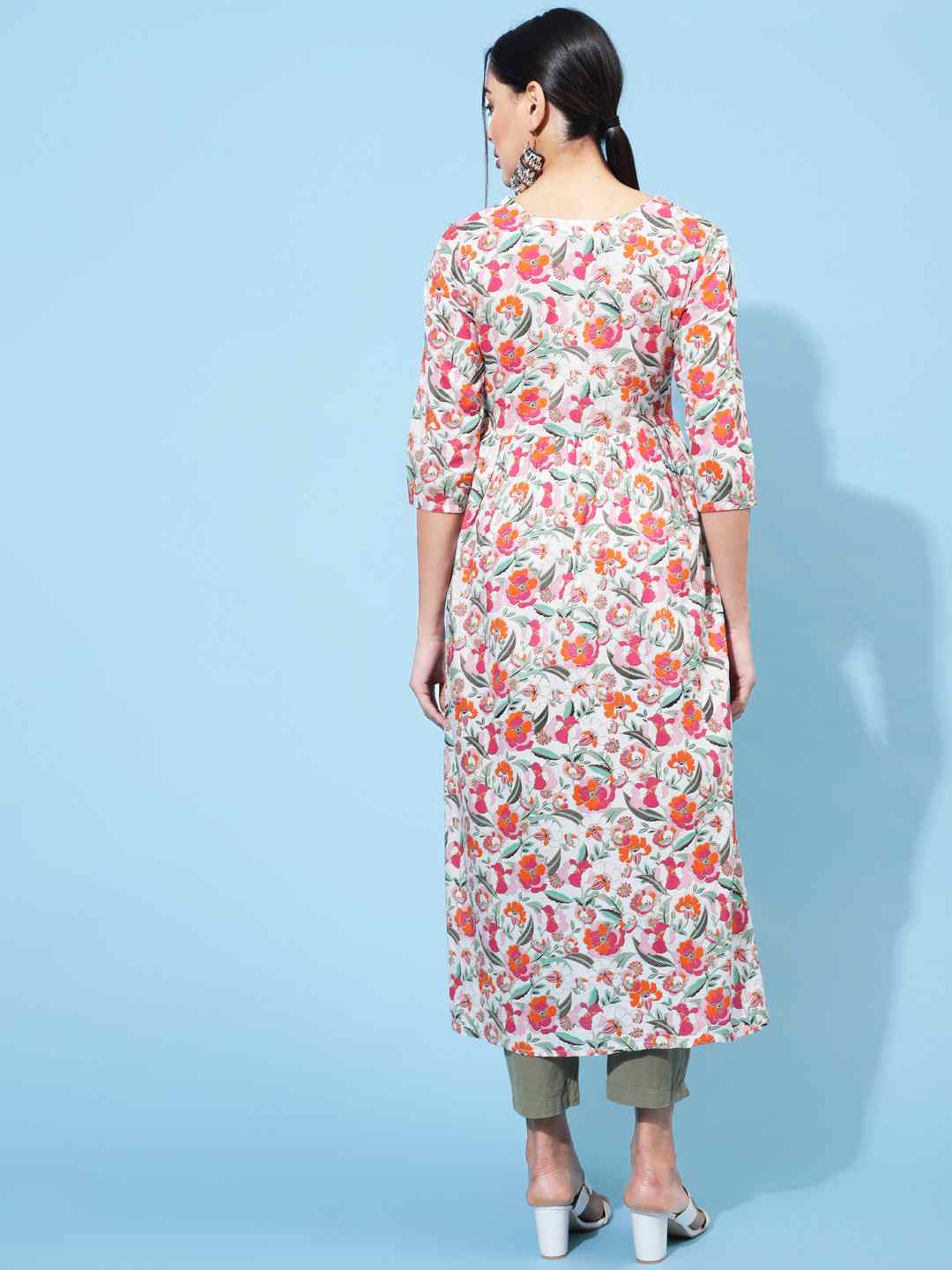 Rayon Calf Length Printed Semi-Flared 3/4 Sleeve Round Neck Kurta