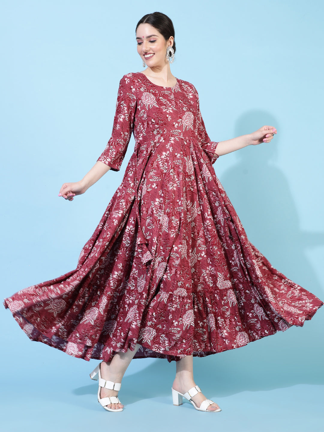 Rayon Ankle Length Printed Flared 3/4 Sleeve Round Kurta