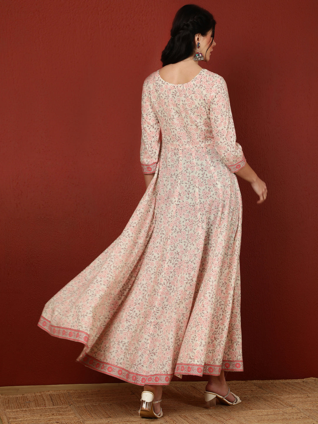 Cotton Ankle Length Length Printed Flared 3/4 Sleeves Round Kurta