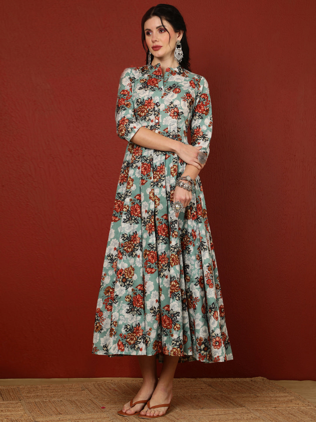 Cotton Calf Length Printed Flared 3/4 Sleeves Mandarin Kurta