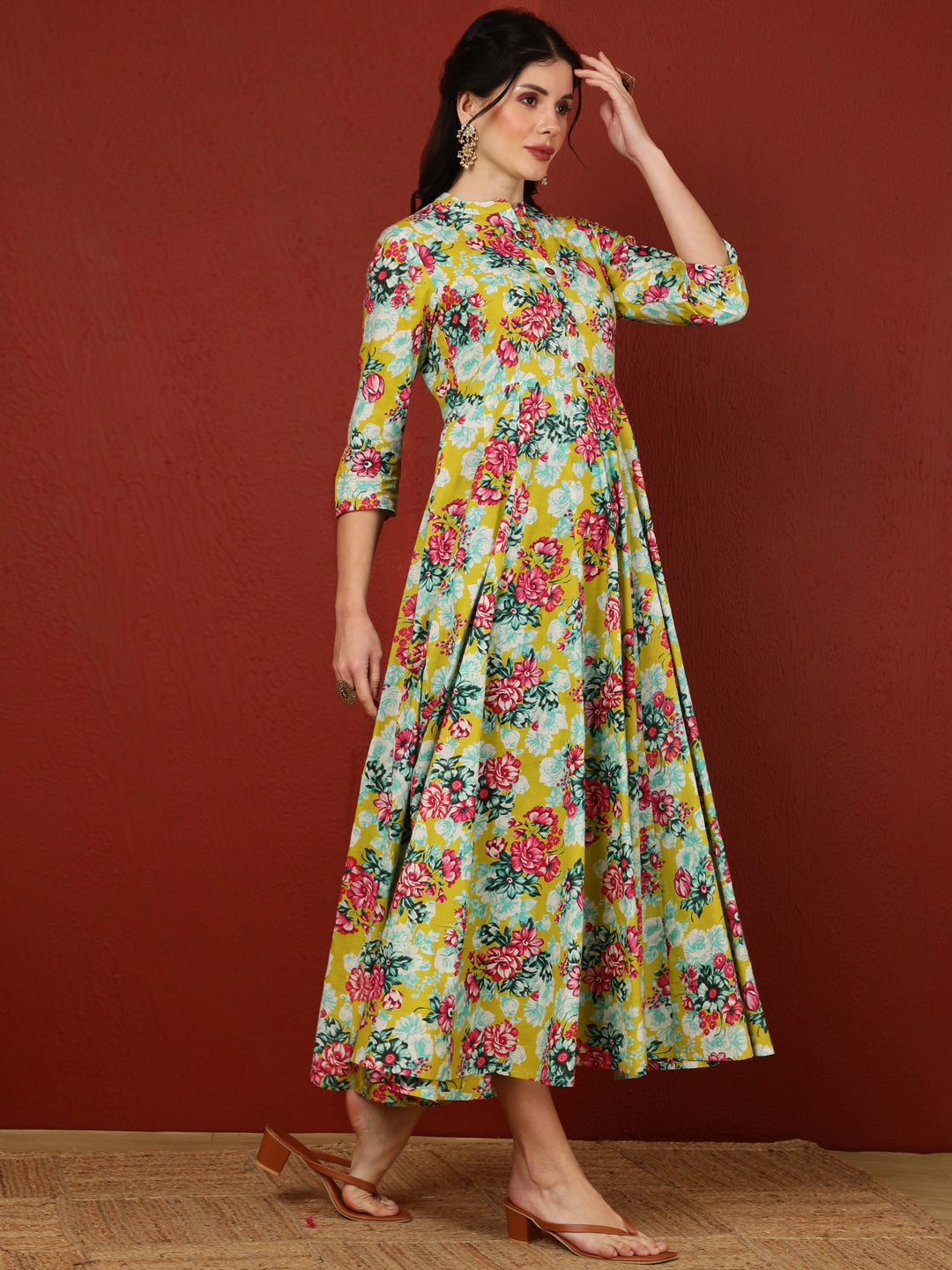 Cotton Calf Length Printed Flared 3/4 Sleeves Mandarin Kurta