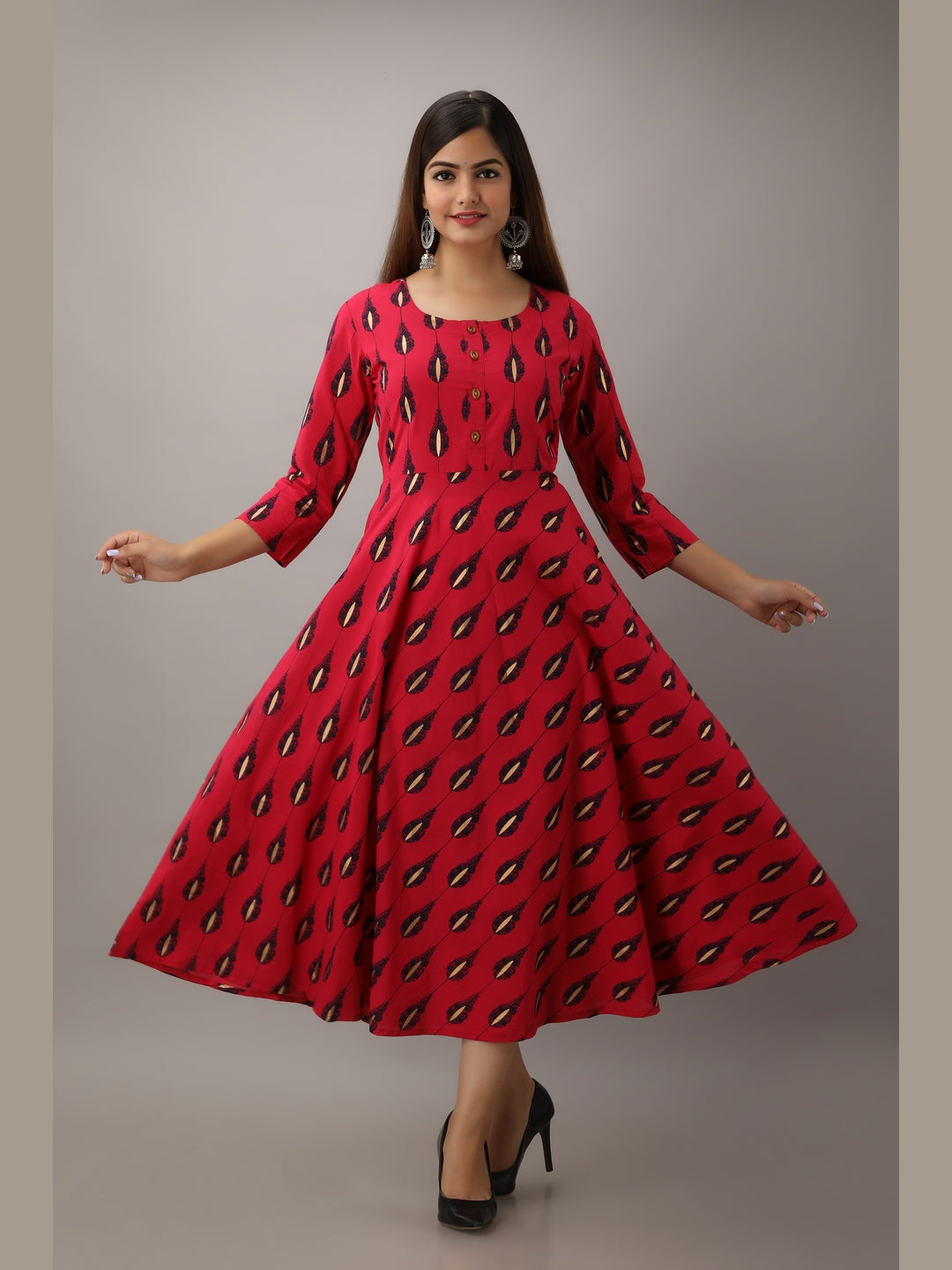Cotton Printed Round Neck 3/4 Sleeve Flared Ankle Length Kurta