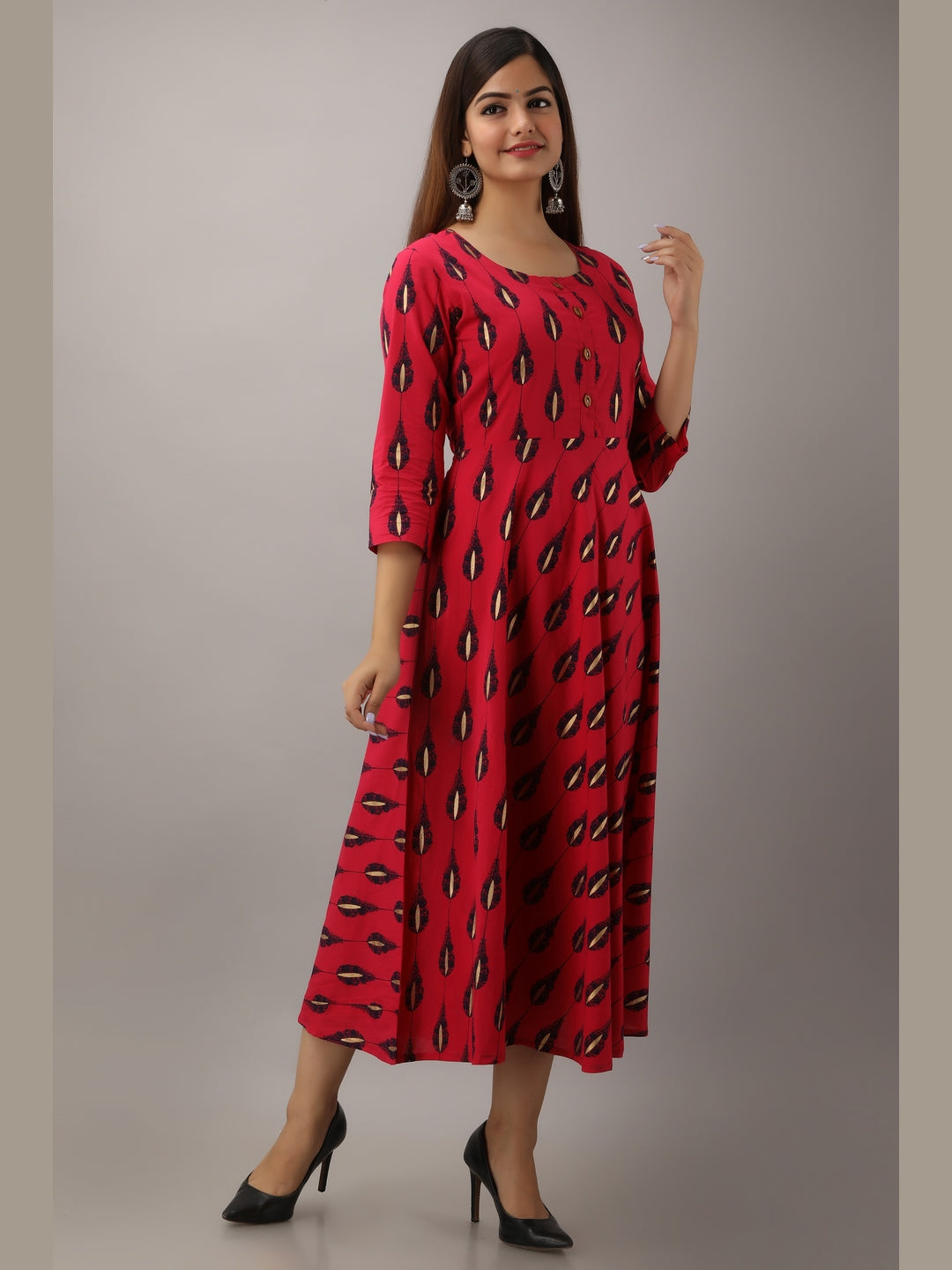 Cotton Printed Round Neck 3/4 Sleeve Flared Ankle Length Kurta