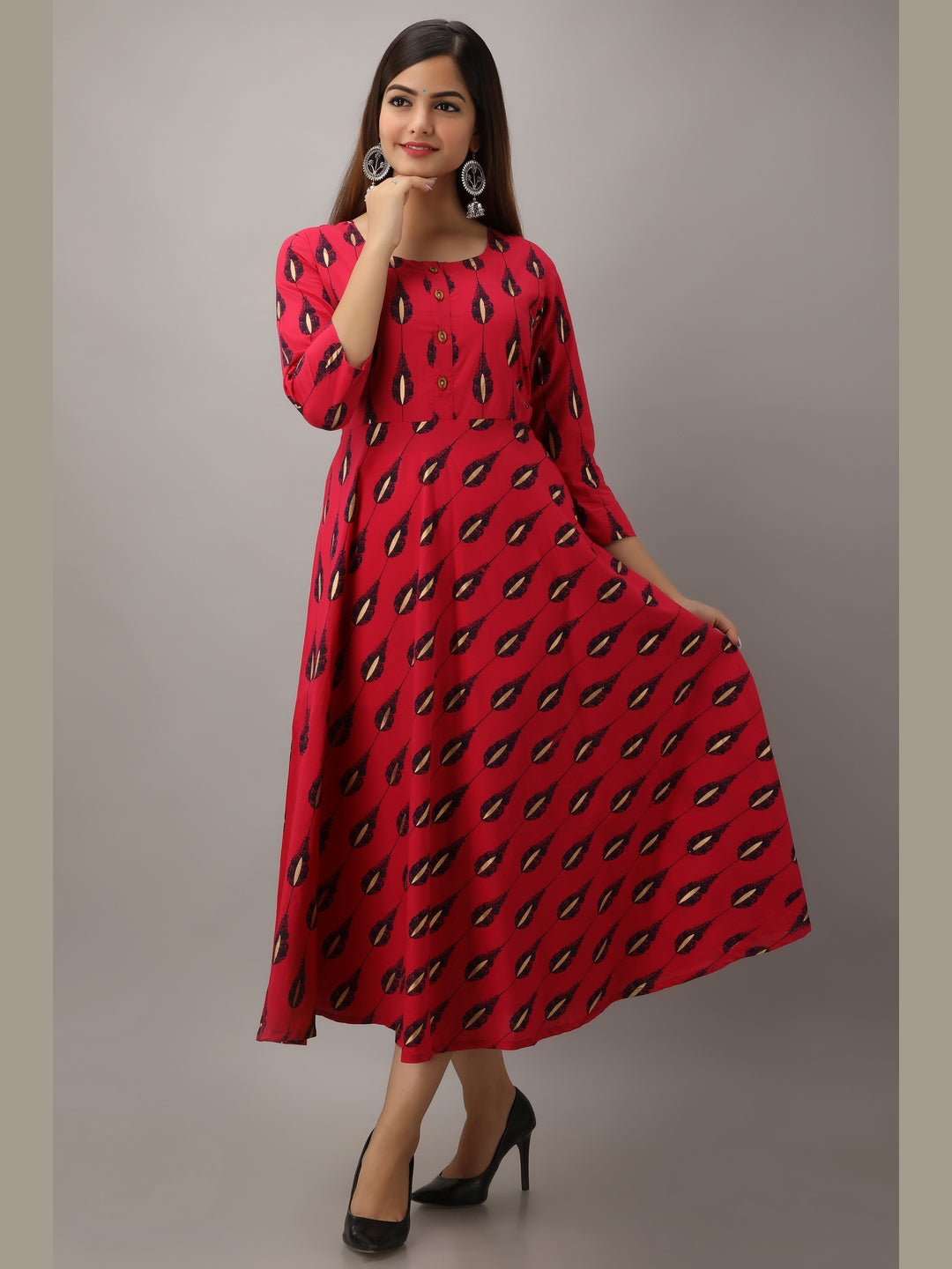 Cotton Printed Round Neck 3/4 Sleeve Flared Ankle Length Kurta